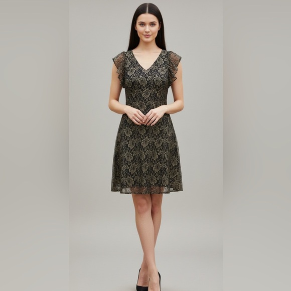 Tommy Hilfiger Black Gold Floral Mesh Lace Dress Flutter Sleeve Dress Sz. 12 - Picture 2 of 14